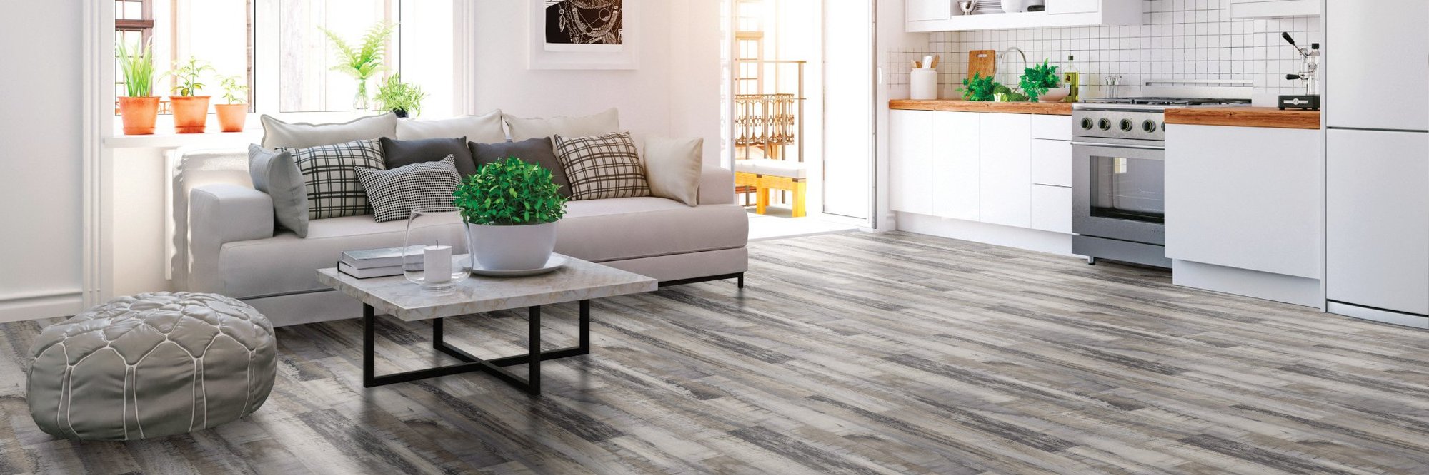 Bright living room with gray hardwood floor from Pat Smith’s Flooring in the Louisville, KY area